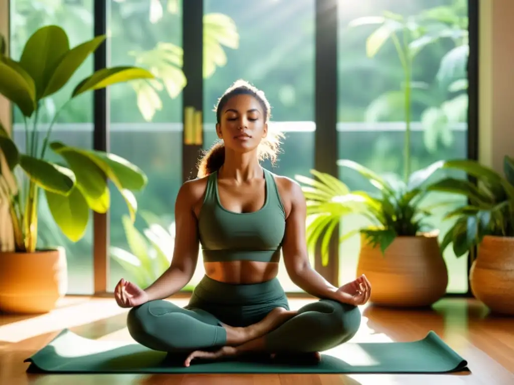 Persona en postura de yoga, rodeada de plantas verdes, disfrutando de calma y tranquilidad