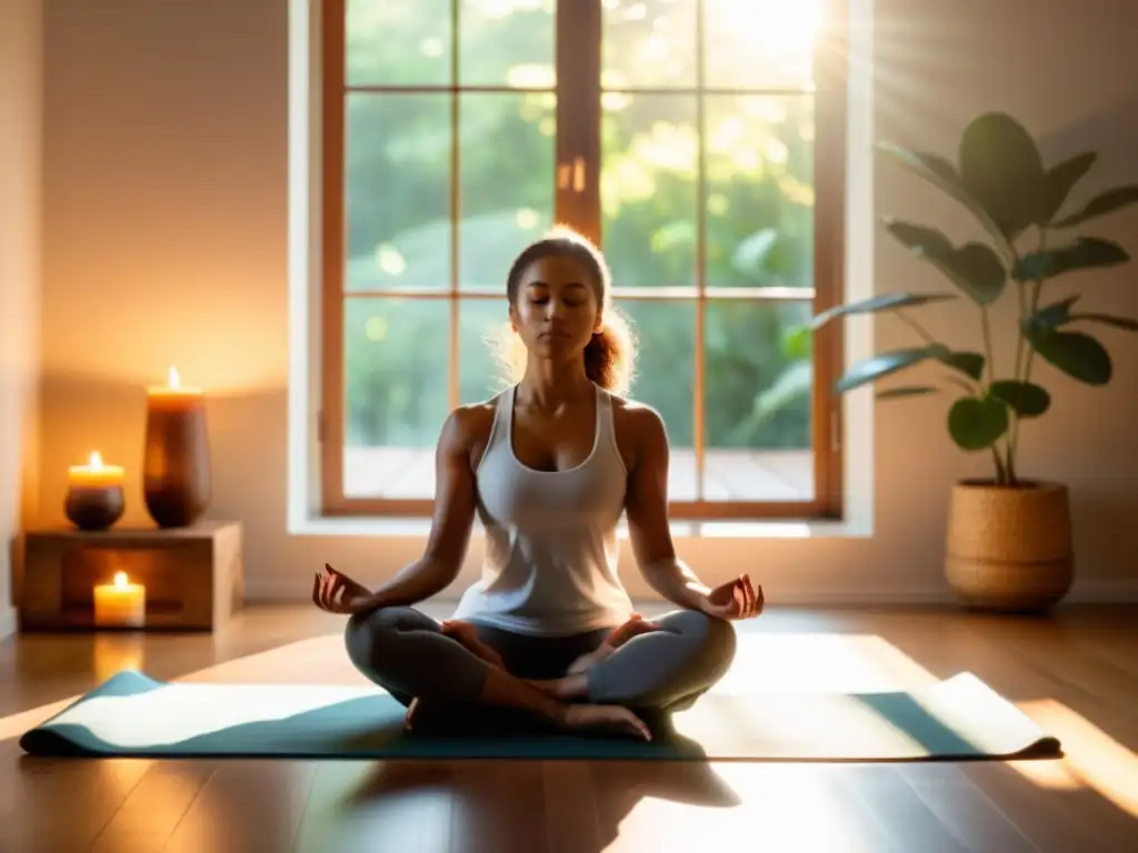 Persona en postura de yoga, tranquila, en habitación iluminada, con plantas