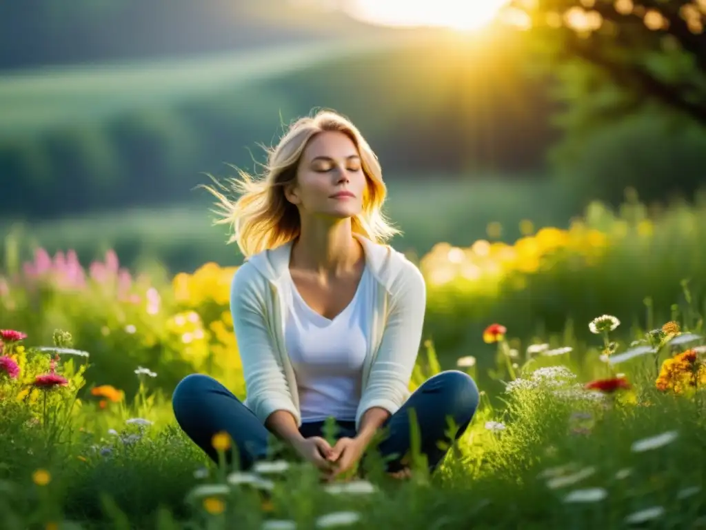 Una persona en meditación en un prado verde exuberante con flores silvestres, transmitiendo paz y serenidad