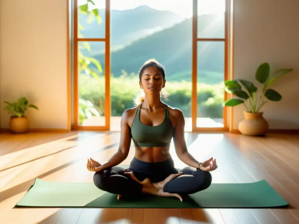 Persona practicando pranayama para reducir ansiedad en una habitación serena, iluminada por el sol, con postura calmada y enfoque mental