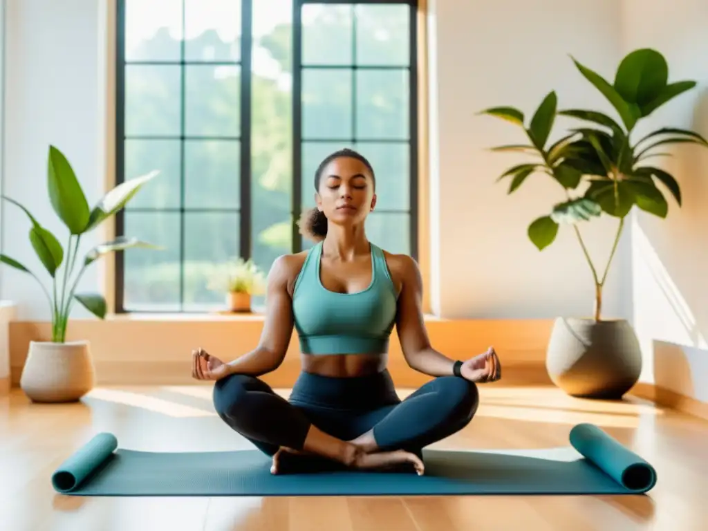 Persona practicando pranayama para reducir estrés en una habitación luminosa con plantas y decoración calmante