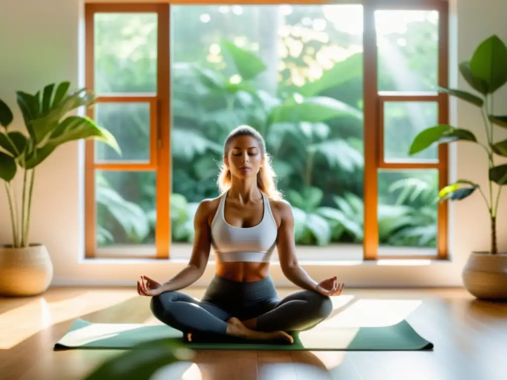 Persona practicando Pranayama en estudio de yoga sereno, rodeada de plantas