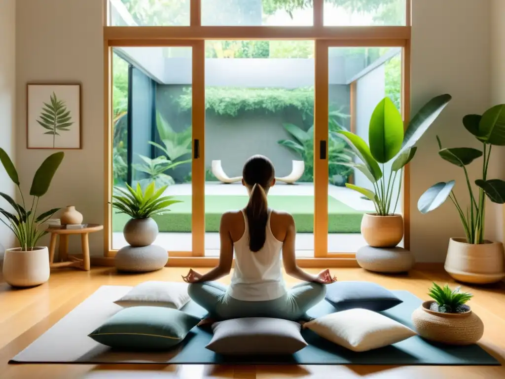 Persona practicando pranayama en una habitación de meditación serena, con decoración minimalista y vista al jardín