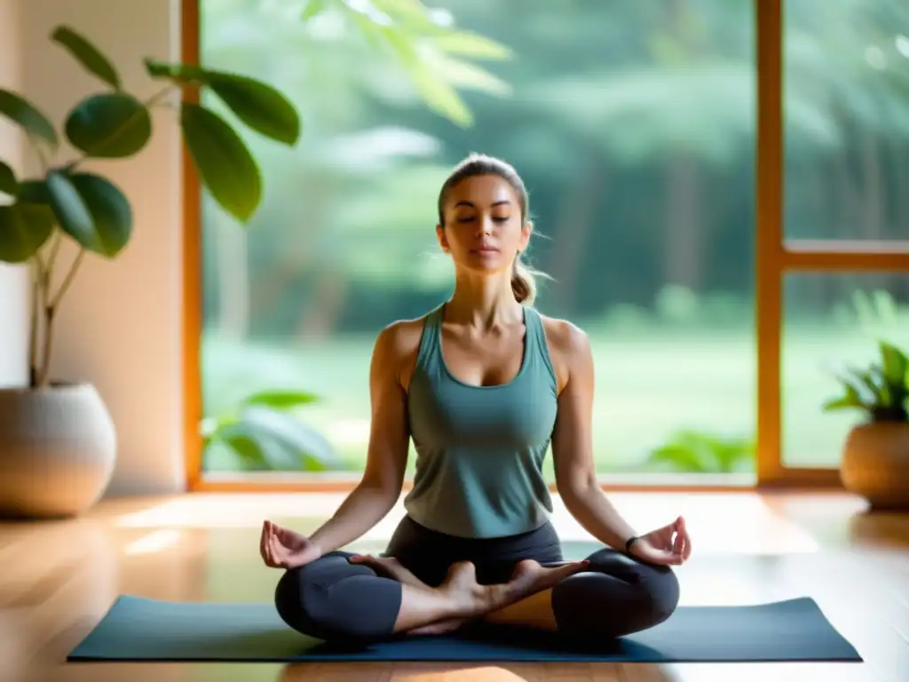 Persona practicando Pranayama para pacientes con asma en un estudio de yoga sereno con luz natural y elementos de la naturaleza