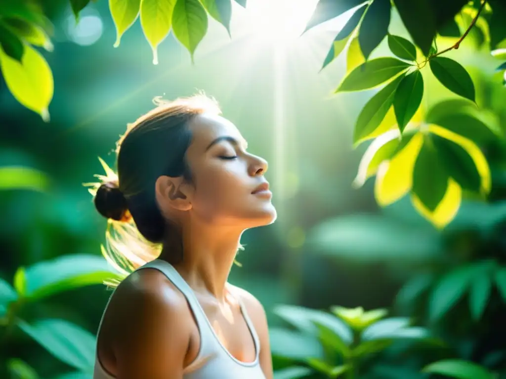 Persona practicando pranayama en postura meditativa, rodeada de exuberante vegetación