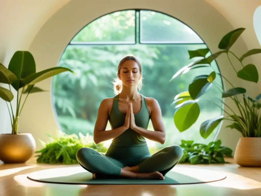 'Persona practicando pranayama en un taller luminoso rodeado de plantas, con expresión calmada y concentrada, para mejorar respiración