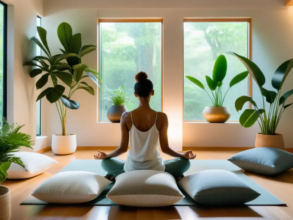 Persona en profunda meditación en una habitación serena, iluminada por luz natural