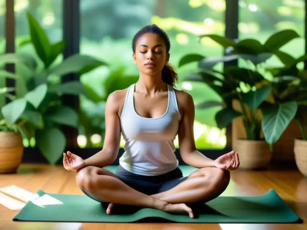 Una persona en profunda meditación, rodeada de vegetación exuberante, en un taller interactivo de respiración y bienestar