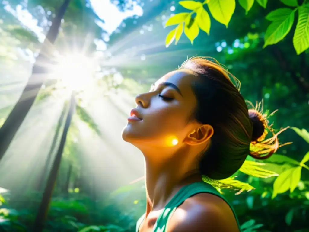 Una persona toma una profunda respiración en un exuberante bosque verde, transmitiendo paz y rejuvenación