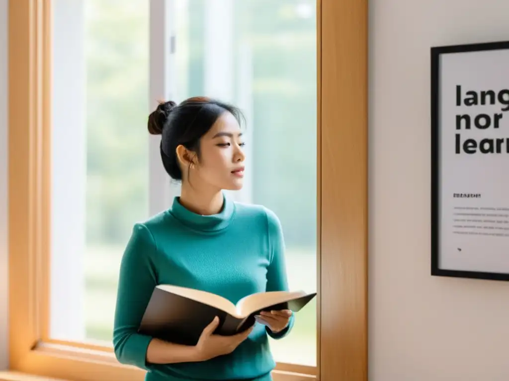 Persona practicando pronunciación en espejo, con libro de idiomas