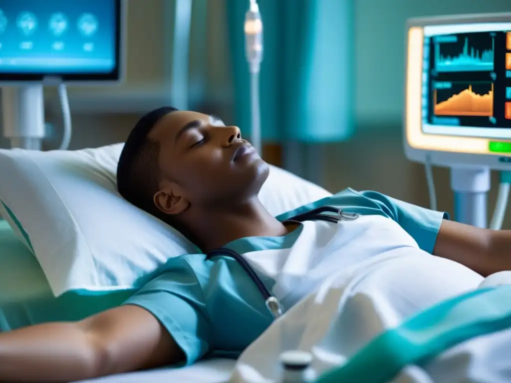 Persona practicando protocolos de respiración postoperatoria en la cama de hospital, rodeada de equipo médico y monitores, con atmósfera serena y calmante