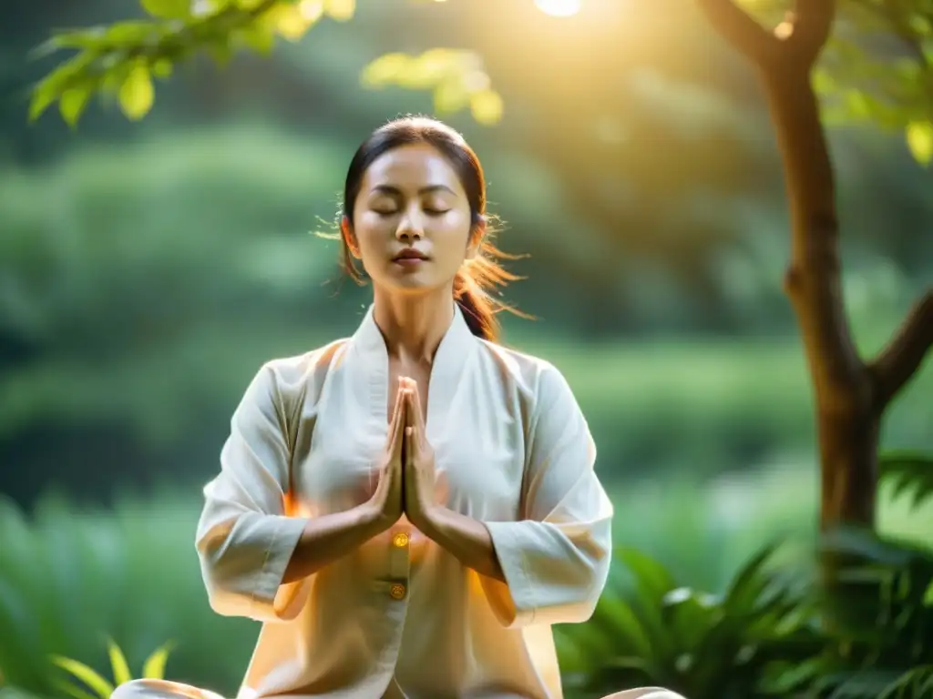 Persona practicando Qi Gong en un entorno natural, respirando en paz y armonía con la energía vital