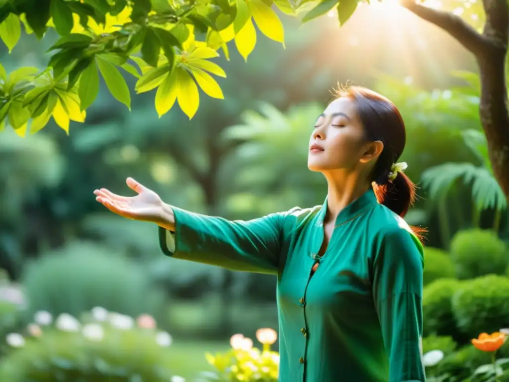 Persona practicando Qigong en un jardín exuberante, rodeada de árboles altos y flores vibrantes