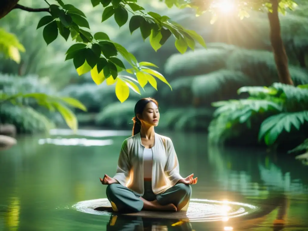 Persona practicando Qigong en la naturaleza, disfrutando de los beneficios de la respiración consciente