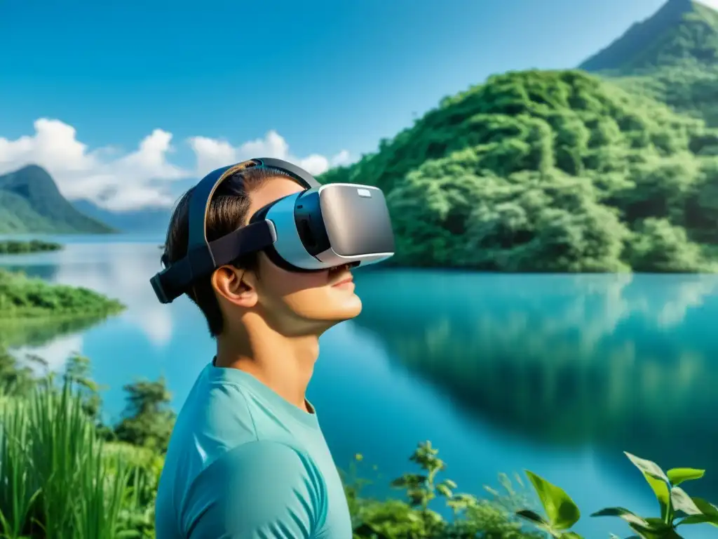 Persona usando realidad virtual para mejorar respiración en entorno natural sereno, con lago, vegetación y cielo azul claro