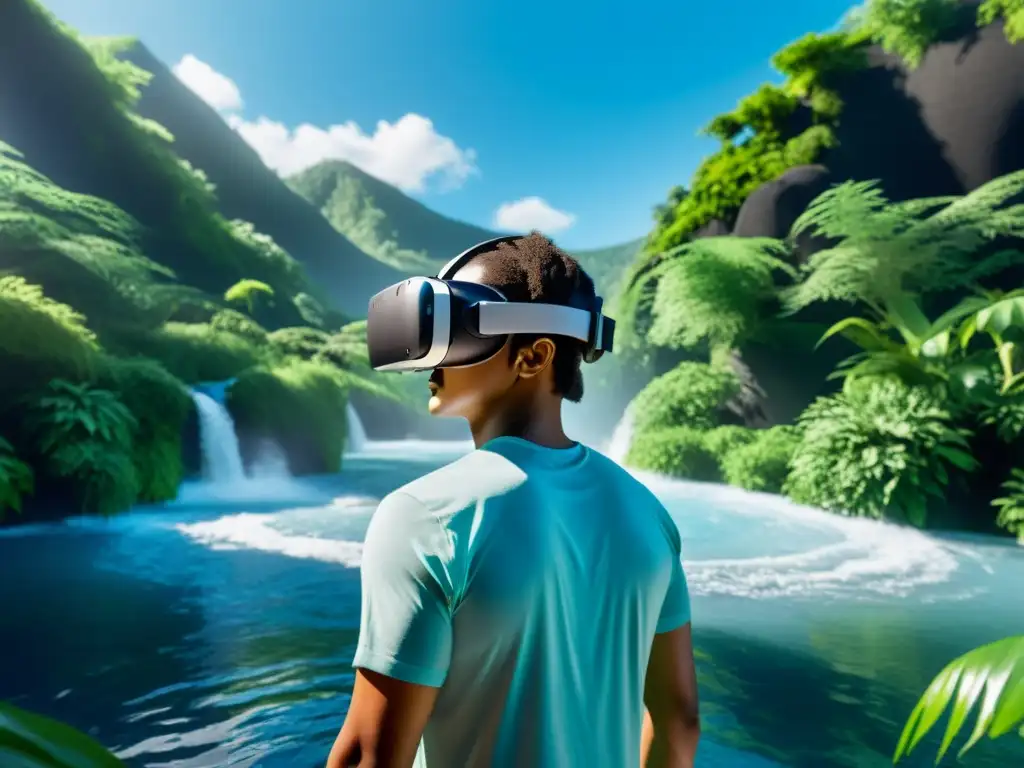 Persona en realidad virtual para mejorar respiración, practicando ejercicios respiratorios en un entorno sereno con naturaleza exuberante y cielo azul