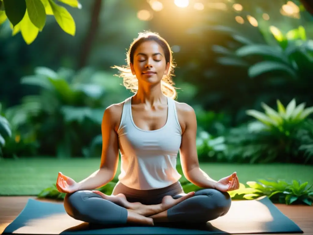 Una persona relajada practica pranayama para reducir ansiedad, rodeada de naturaleza y luz cálida al atardecer