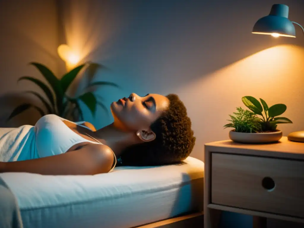 Persona relajada respirando profundamente en la cama con plantas y luz cálida, para mejorar sueño