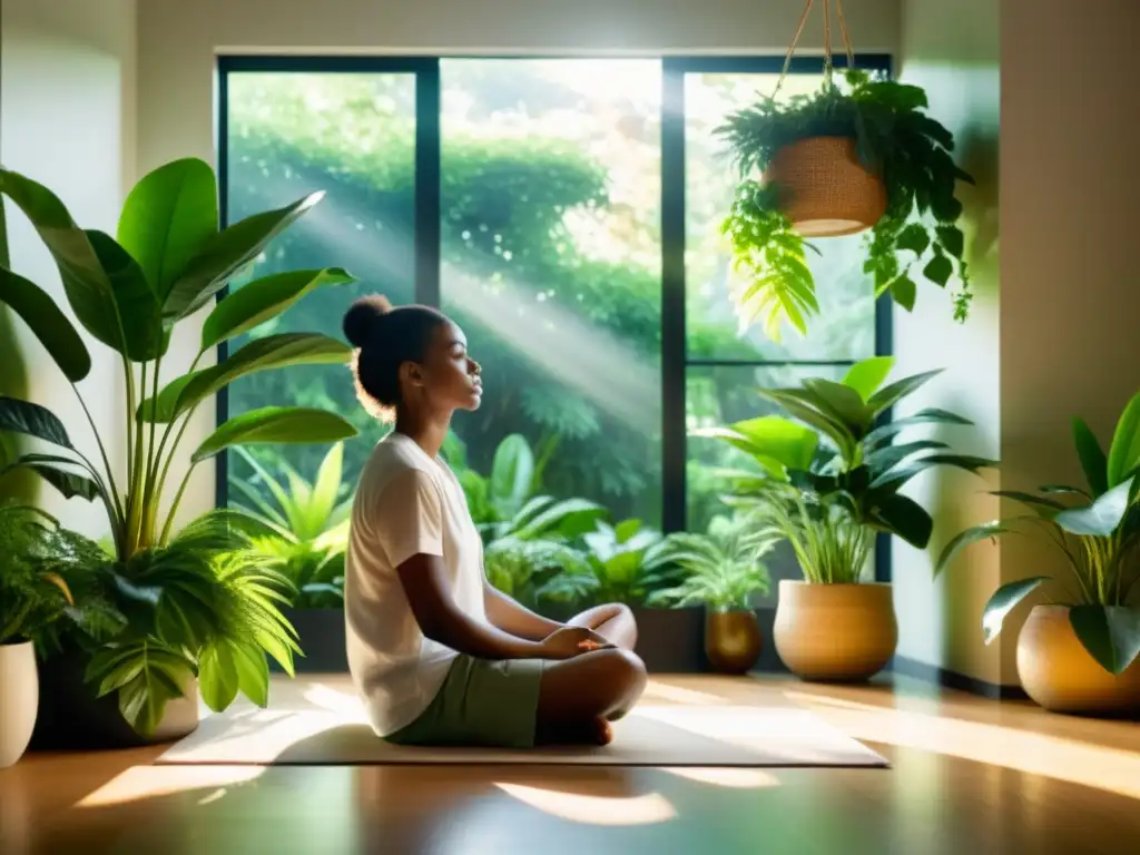 Persona relajada meditando en un espacio sereno, rodeada de plantas verdes, para optimización de la respiración en la meditación