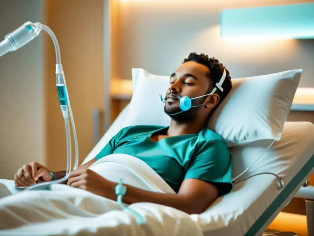 Una persona relajada descansa en una habitación hospitalaria bien iluminada, usando cánulas nasales de alto flujo para respirar