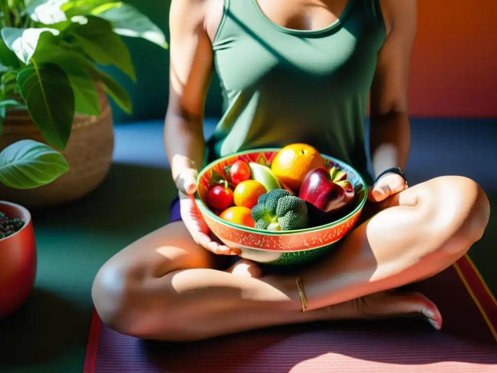 Una persona relajada en una habitación soleada, rodeada de exuberante vegetación, sosteniendo un tazón de frutas y verduras coloridas