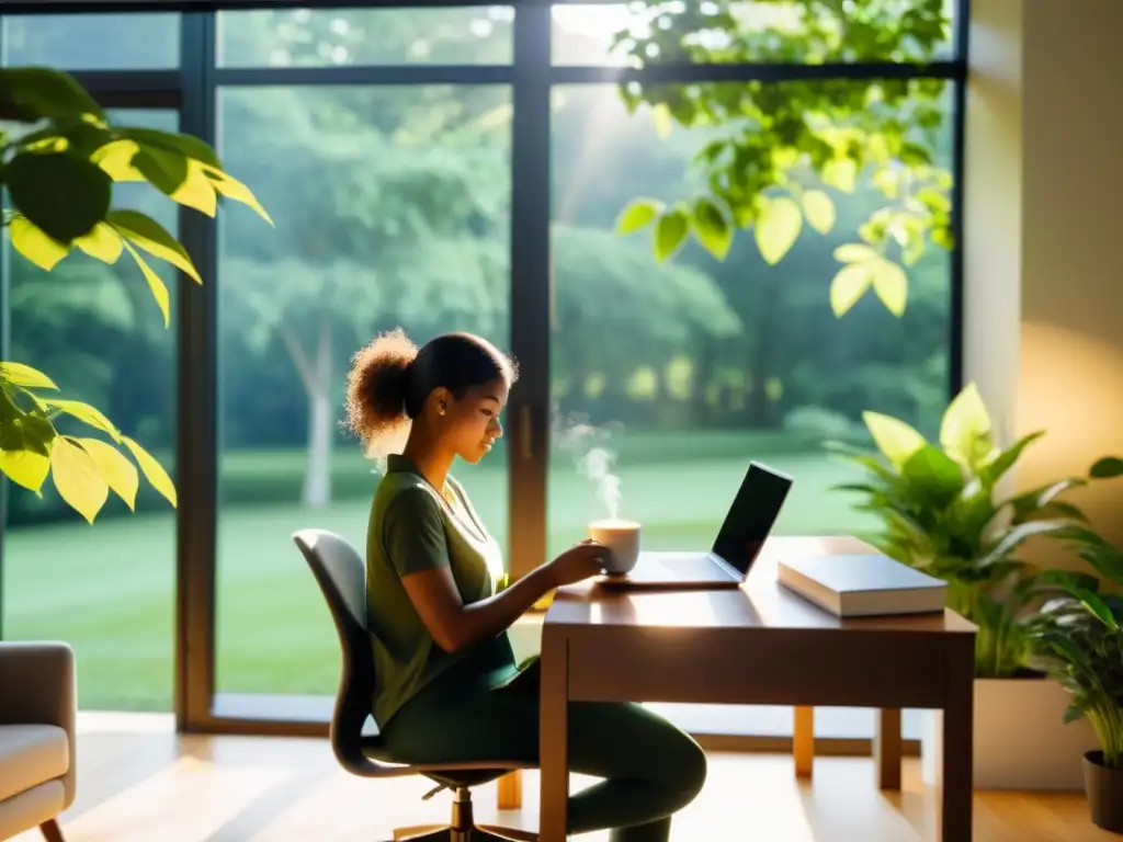 Persona relajada en oficina moderna, con vista a parque verde