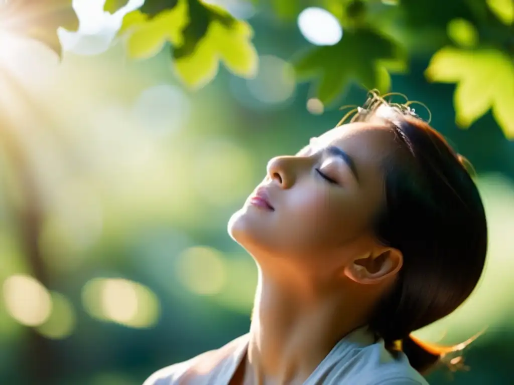 Una persona relajada, con los ojos cerrados y una expresión serena, respira profundamente en un entorno natural