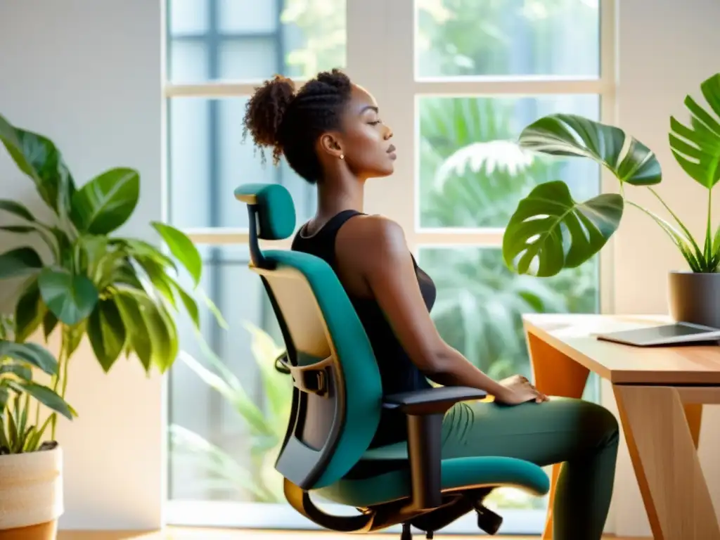 Persona relajada en silla ergonómica moderna, postura recta, respirando