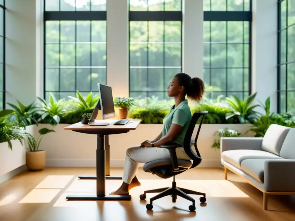 Persona relajada en estación de trabajo ergonómica, rodeada de plantas y luz natural, promoviendo un ciclo respiratorio saludable