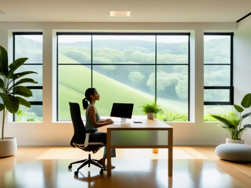 Persona practicando respiración adecuada para postura sentada en oficina con vista a paisaje verde sereno