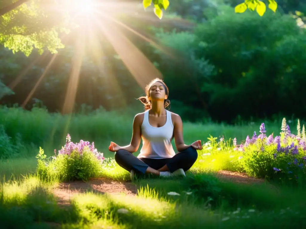 Persona practicando respiración para reducir agitación mental en un entorno natural sereno, conectando con calma y tranquilidad interior