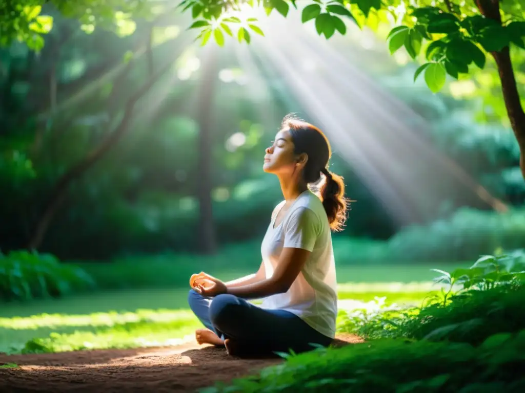 Persona en meditación, practicando respiración para reducir agitación mental en un entorno natural sereno y calmado