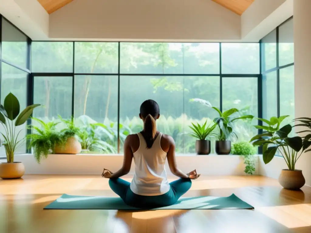 Persona practicando respiración para reducir agitación mental en un entorno sereno y minimalista con plantas y luz natural