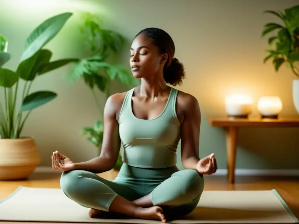 Una persona en meditación practica la respiración alternada nasal en un ambiente tranquilo y bien iluminado