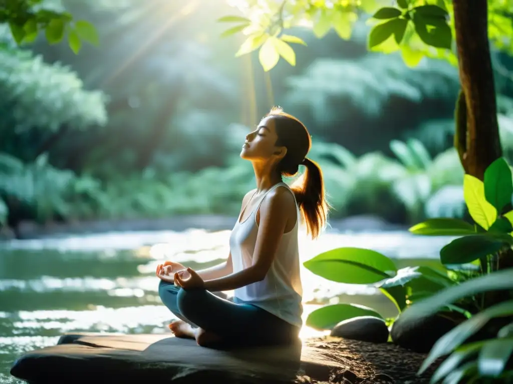 Persona practicando respiración para controlar ansiedad en un entorno natural y sereno con luz suave entre los árboles