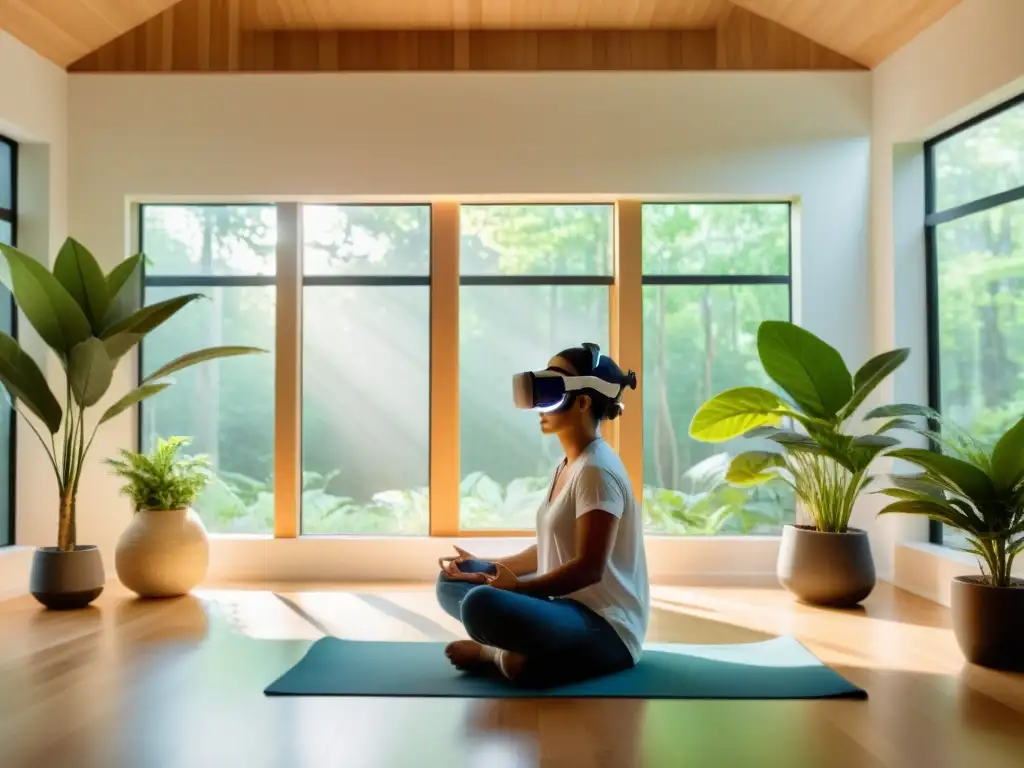 Persona en meditación con respiración asistida en entorno VR de bosque tranquilo