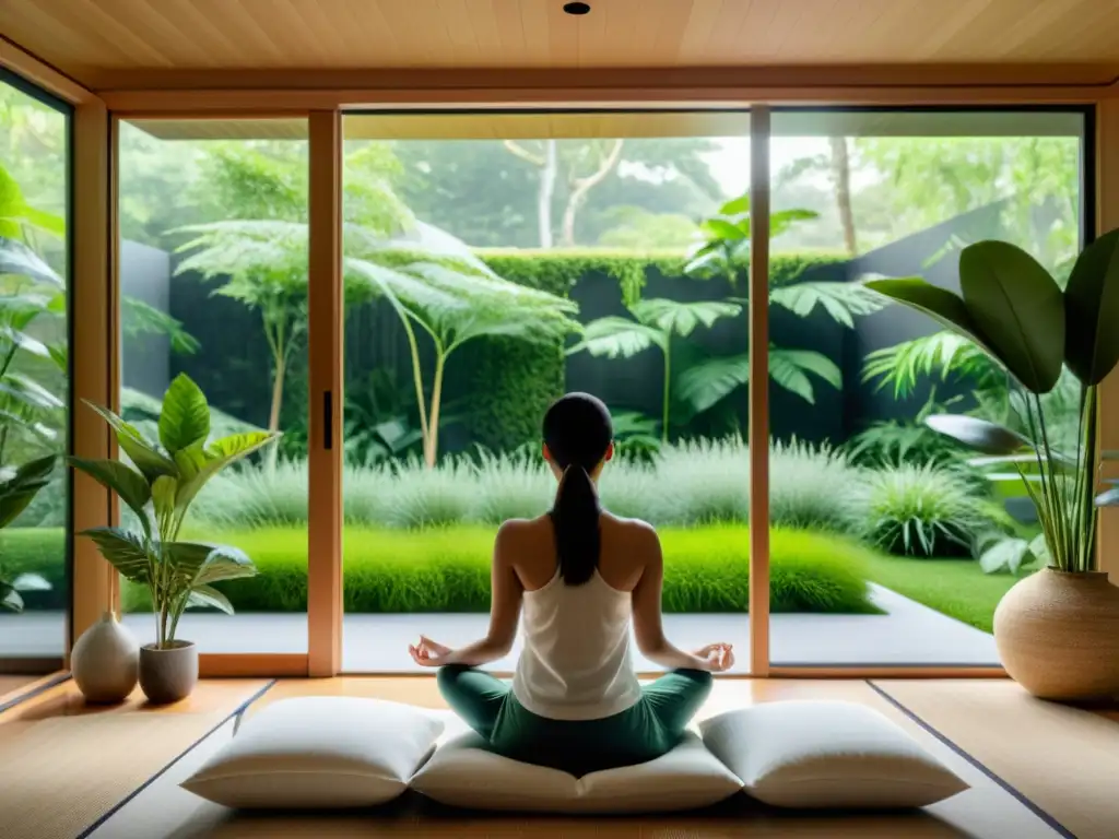 Persona practicando respiración y atención plena en moderna sala de meditación con vistas a un jardín sereno