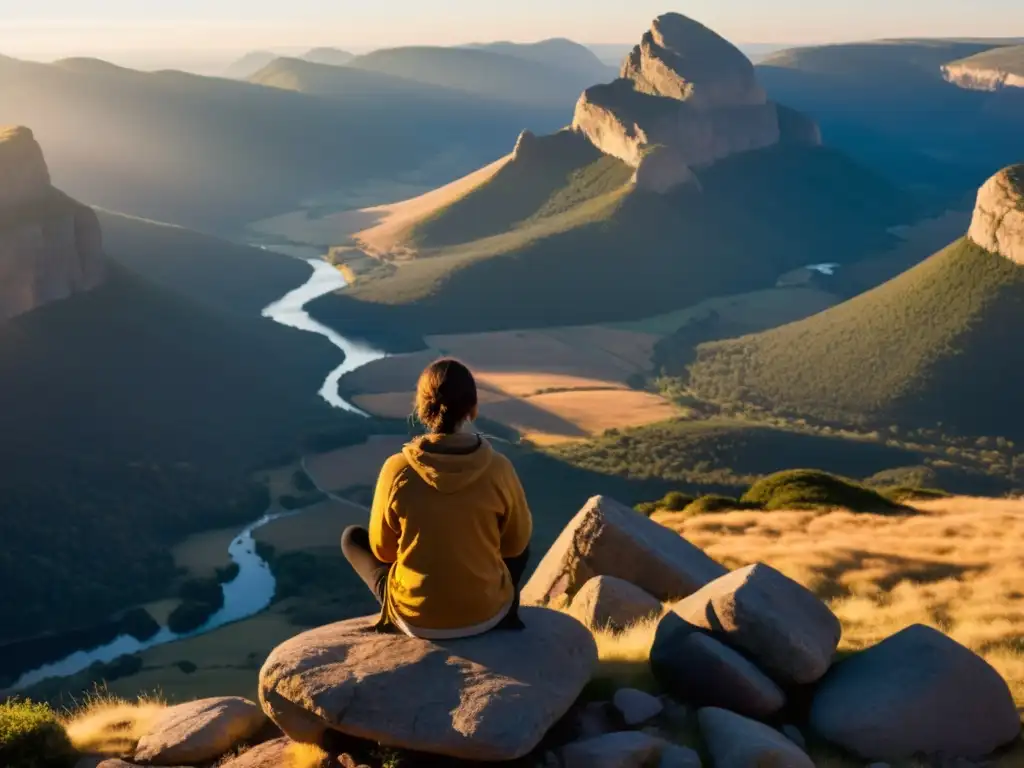 Una persona practica la respiración consciente al amanecer en un acantilado, con beneficios psicológicos de la respiración consciente