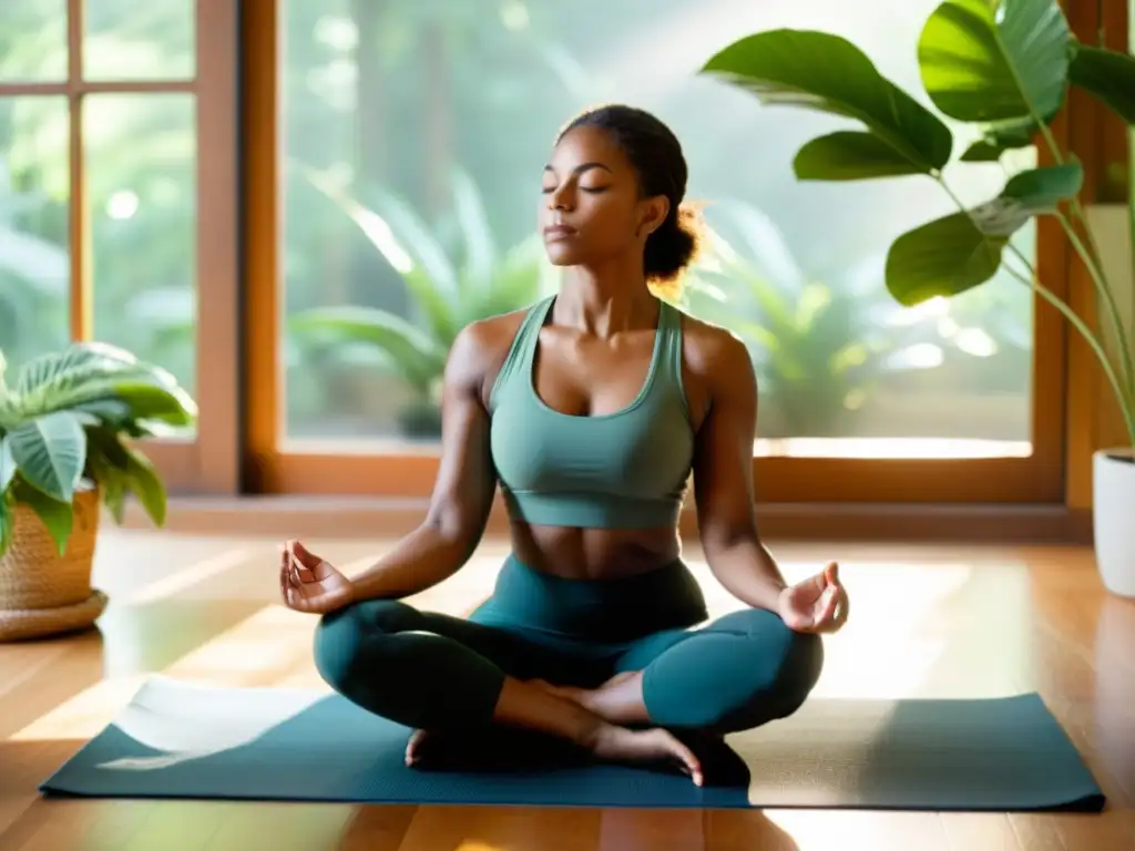 Persona practicando respiración consciente en un ambiente tranquilo y natural con luz natural y plantas alrededor