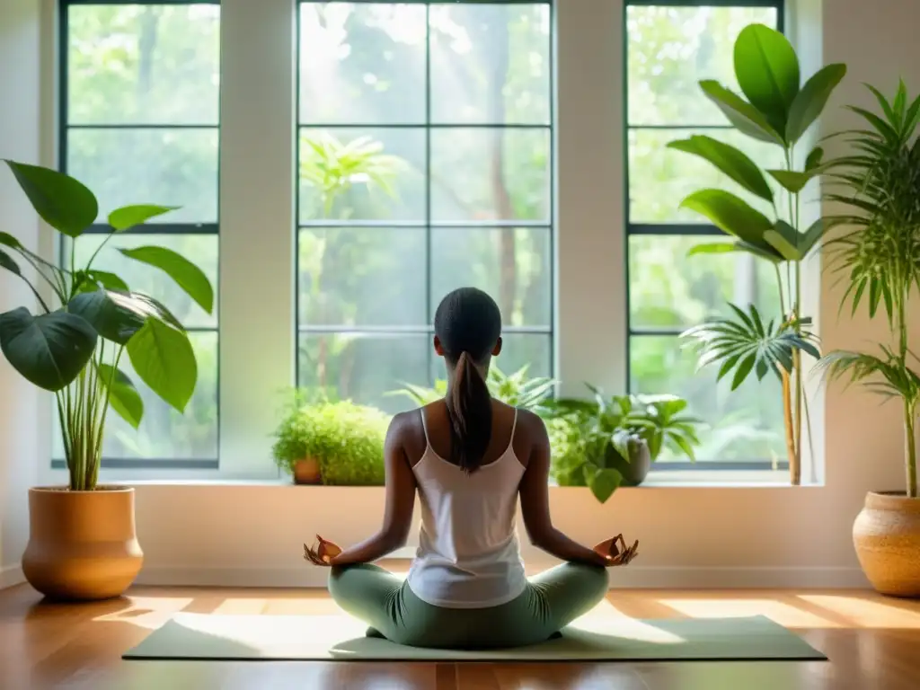 Una persona practica la respiración consciente en un ambiente sereno y luminoso, rodeada de plantas verdes