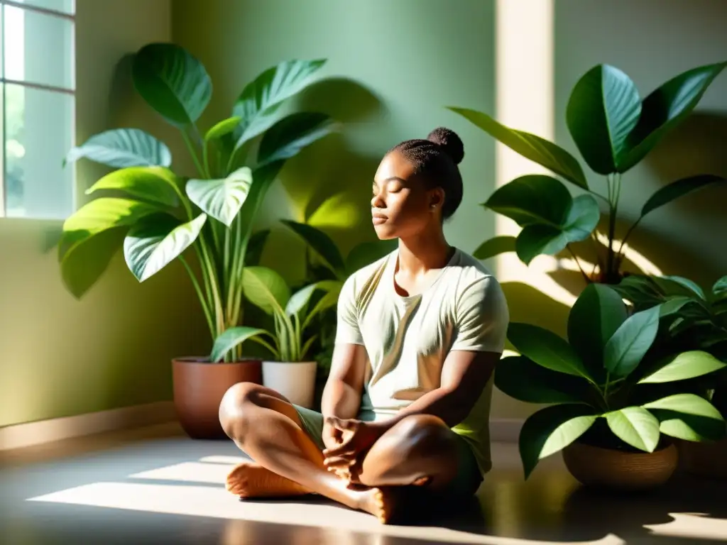 Persona practicando respiración consciente en un ambiente tranquilo y natural, rodeada de plantas verdes