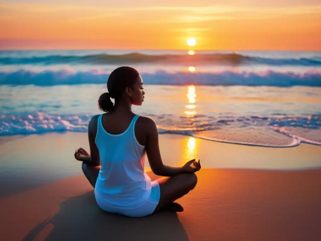 Persona practicando respiración consciente para ansiedad en la playa al atardecer, en un ambiente de paz y serenidad