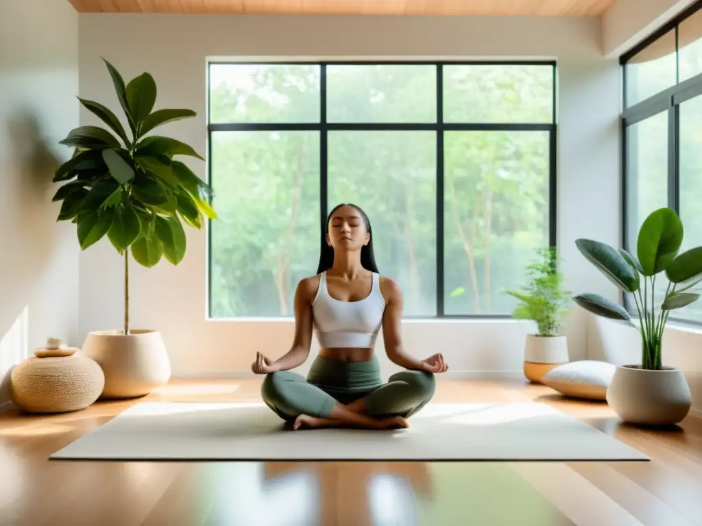 Persona practicando respiración consciente para ansiedad en sala moderna y serena con luz natural y decoración minimalista