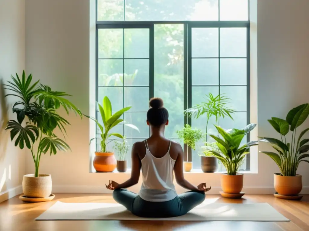 Persona practicando respiración consciente para ansiedad en un espacio sereno con luz natural y plantas