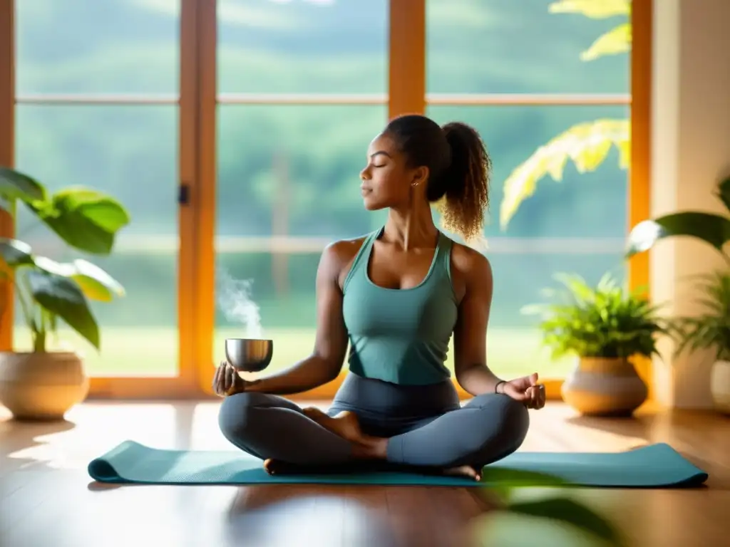 Persona practicando respiración consciente para apnea del sueño en un ambiente tranquilo y luminoso, con taza de té herbal