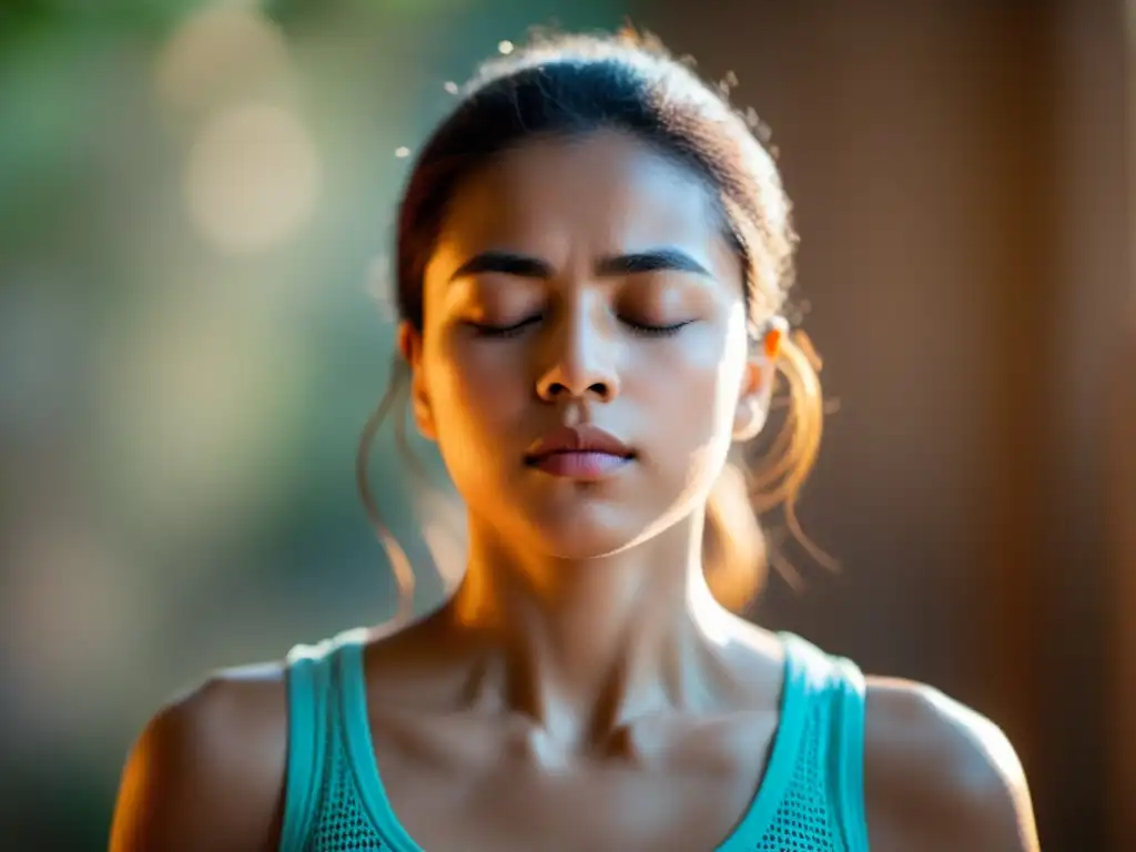 Persona practicando respiración consciente para aliviar asma, en calma bajo la luz suave entre hojas de árbol