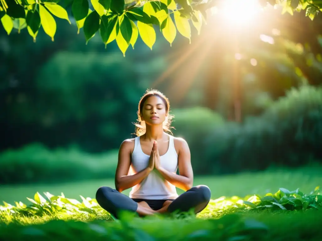 Persona practicando respiración consciente para aliviar asma en un entorno natural sereno, con luz cálida entre la vegetación