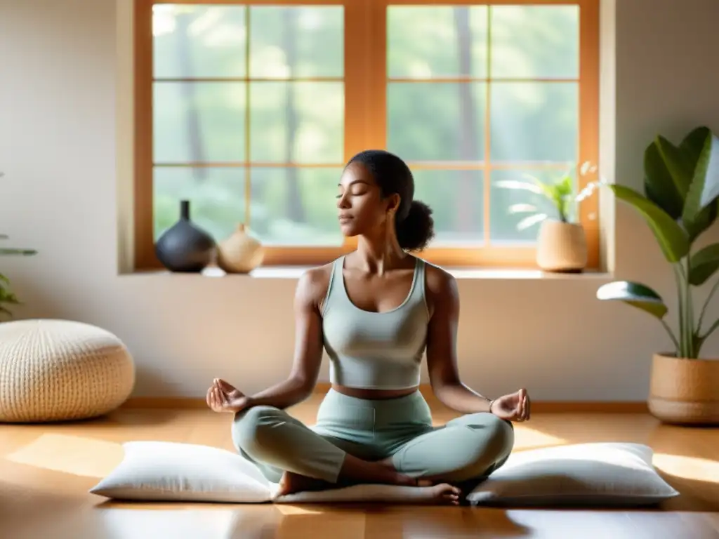 Persona practicando respiración consciente beneficios salud mental en sala de estar con luz natural y atmósfera serena