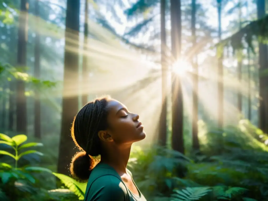 Persona practicando respiración consciente en un bosque tranquilo y exuberante, conectando con la naturaleza