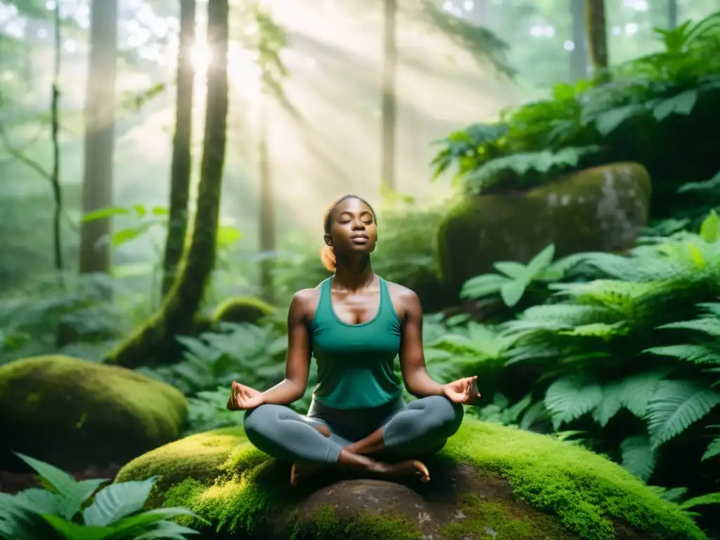 Persona practicando respiración consciente en un bosque verde y neblinoso, estrategias de respiración para cambio climático